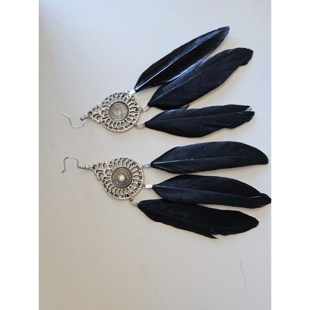 Silver tone black feather statement earrings - Picture 8 of 8